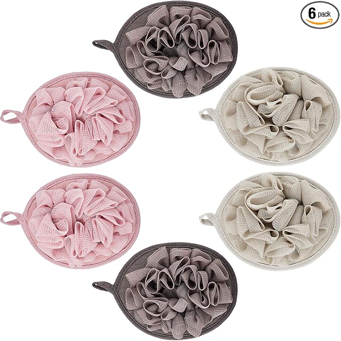 Boao 6 Pcs Bath Shower Pouf Sponge Mesh Pouf Shower Ball Exfoliating Body Sponge Pad Scrubber Glove with Flower Bath Ball (Khaki,Coffee,Pink)