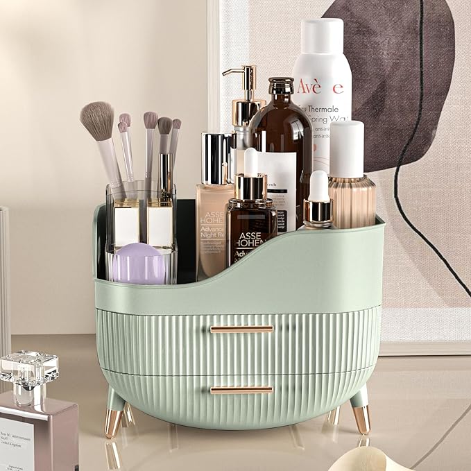 Makeup Organizer with Drawers, Green Skincare Organizer for Vanity, Storage Box with Handle, Large Cosmetic Display Case for Dresser, Bathroom Countertop