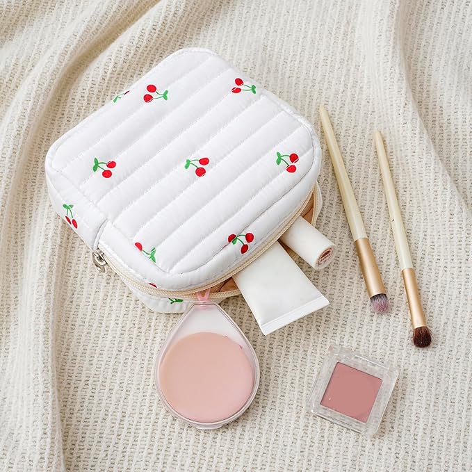 Small Quilted Cosmetic Pouch for Purse, Mini Cotton Makeup Bag with Compartments, Cute Zipper Lipstick Holder for Women (12Cherry)