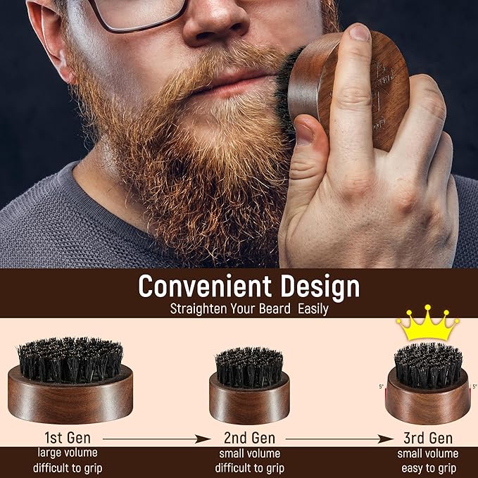 BFWood Beard Brush for Men - Boar Bristles Small and Round - Black Walnut Wood