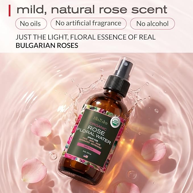 Ella & Eden 100% Pure Organic Rose Water Spray for Face, for Hair - 8oz, Alcohol-Free, No additives - USDA Organic, Steam-Distilled - Refreshing, Hydrating, Glass Bottle