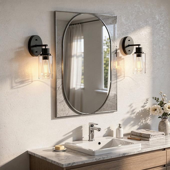 2-Pack Black Bathroom Wall Sconces, Modern Vanity Light Fixtures with Clear Glass Shade, 1-Light Wall Lamps Over Mirror for Bathroom, Bedroom, Hallway, Living Room