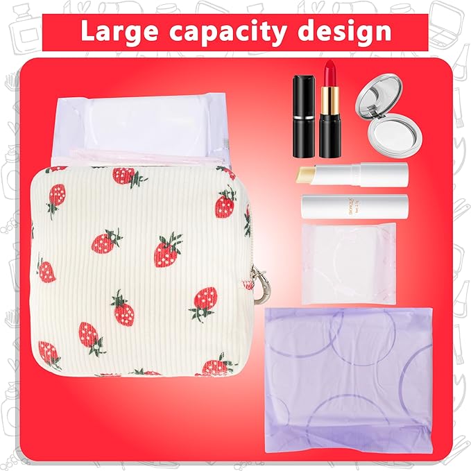 Period Bag for Girls, Corduroy Sanitary Napkin Storage Bag, Period Pouch & Tampon Holder, Feminine Care Organizer（Strawberry）