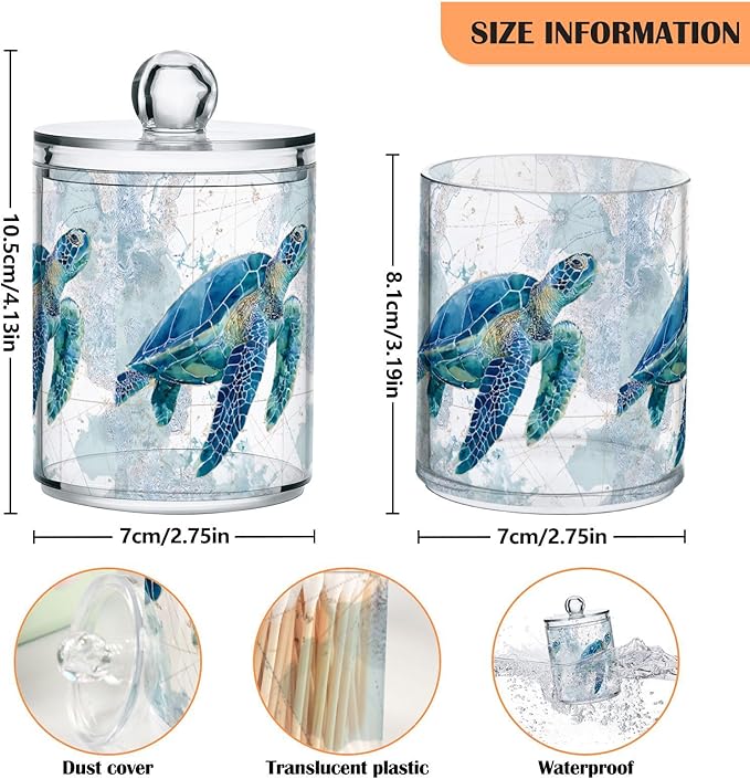 2 Pack Sea Turtle Pattern Apothecary Jars with Lid, 10 Oz Clear Plastic Apothecary Jar Set Qtip Holder Storage Containers for Cotton Ball Swabs Bathroom Vanity
