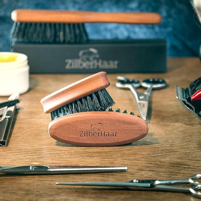 ZilberHaar - Pocket Mustache and Beard Brush - Soft Boar Bristles and Pearwood - Perfect Grooming Tool for Men - Relieves Itch, Works with all Beard Balms and Beard Oils - Made in Europe
