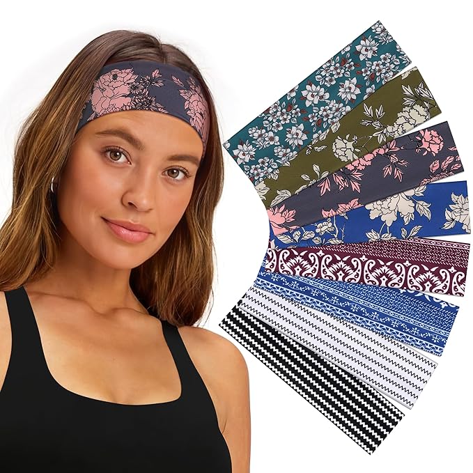 8 Pack Headbands for Women Non Slip - Stylish Sports Hair Bands for Women's Hair - Soft Cotton Cloth Stretchy Headbands for Women for Yoga, Outdoor Exercise Running