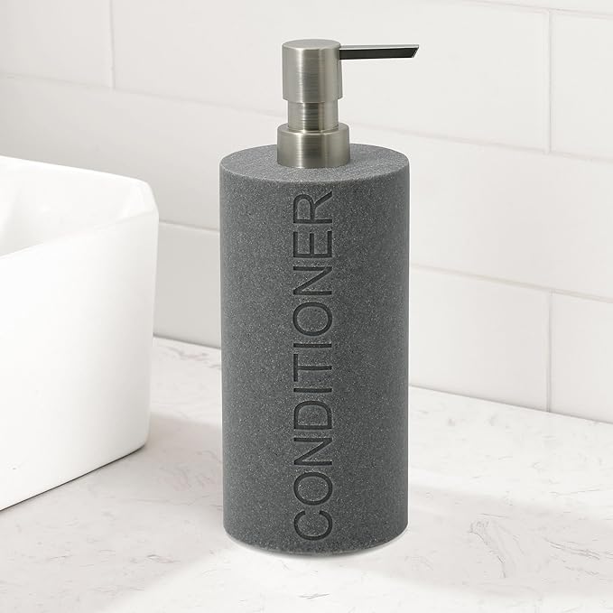 Resin Neutral Gray Sandstone Conditioner Engraved Bottle Refillable Pump Dispenser, Durable Waterproof Resin Construction for Bath, Shower - Gray Sandstone Satin Nickel Pump