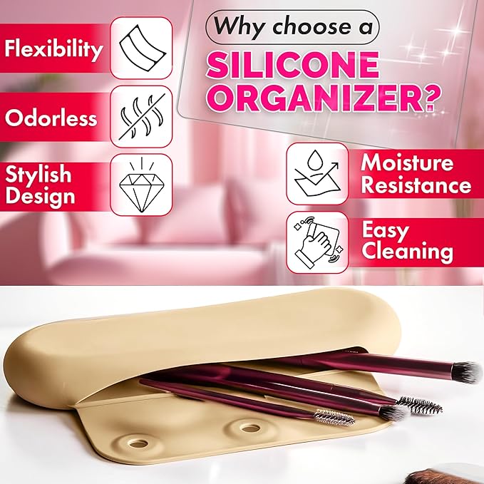 Silicone Makeup Brush Holder Travel – Stylish Silicone Make Up Bag 8.3 in, Travel Makeup Bag for Brushes, Easy-to-Clean Waterproof Case, Fits Purse or Tote, Magnetic Clips, Sturdy Brush Organizer