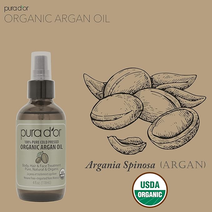 PURA D'OR 4 Oz Organic Moroccan Argan Oil – 100% Pure Cold-Pressed Virgin Grade – Lightweight Moisturizer for Skin, Face, Body & Hair Relaxer – Helps Dry Skin, Scalp Care, Split Ends, Nails & Cuticles