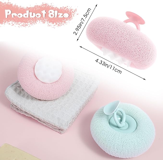 2 Pcs Soft Sunflower Suction Cup Bath Ball Bath Body Brush Exfoliating Mesh Bath Sponge Cleaning Scrubber Bath Sponge Brush with Comfortable Non-Slip Handle (Blue + Purple)