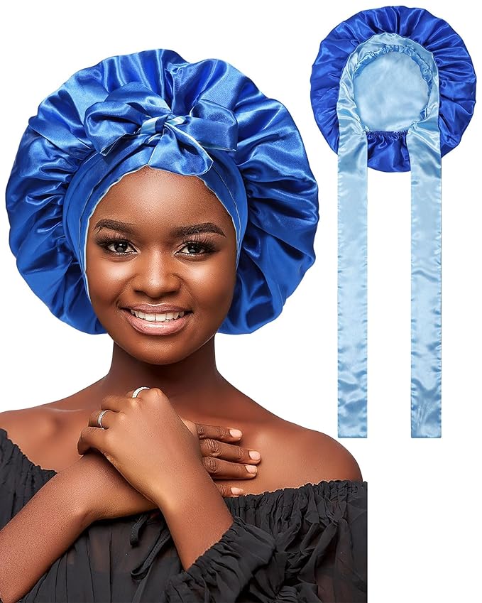 AWAYTR Satin Bonnet Silk Hair Wrap Sleeping Cap for Women with Curly Hair, Reversible Double Layer Sleep Cap with Tie Band (Blue) 7 7/8-8