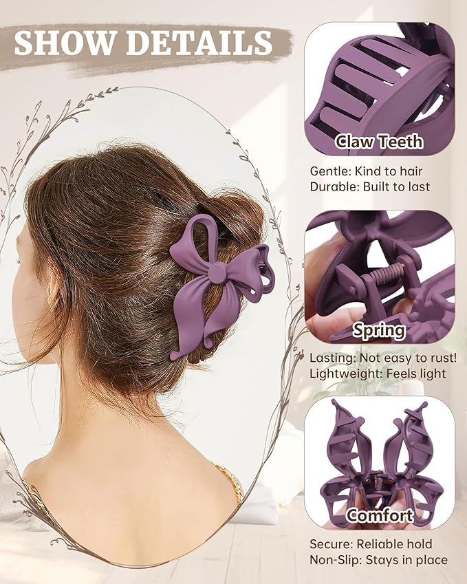 Mesovor 4 pack Cute Bow Claw Clip for Women, Nonslip Large Matte Strong Hold Bows Hair Clips for Thin and Thick Hair | Chic Hair Styling Accessories (Matte Pink, Matte Purple)