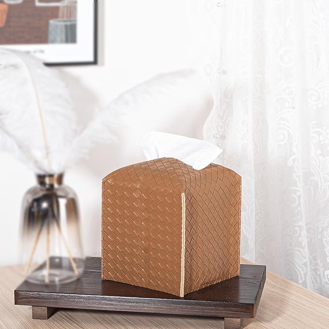 Tissue Box Cover PU Leather Tissue Holder Square Facial Tissue Case Facial Paper Organizer Dispenser for Bathroom, Vanity Countertop, Tabletop, Car, Brown