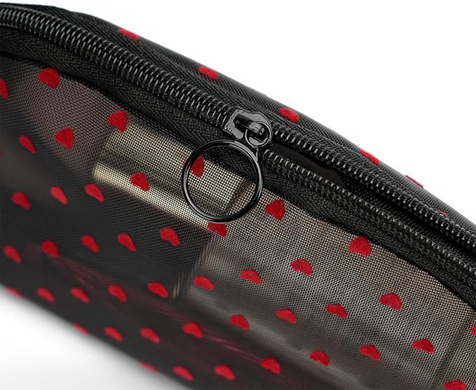 Portable Mesh Makeup Bag with Zipper Small Travel Toiletry Bag Lightweight Cosmetic Pouch (Black&Red Heart Half Round)