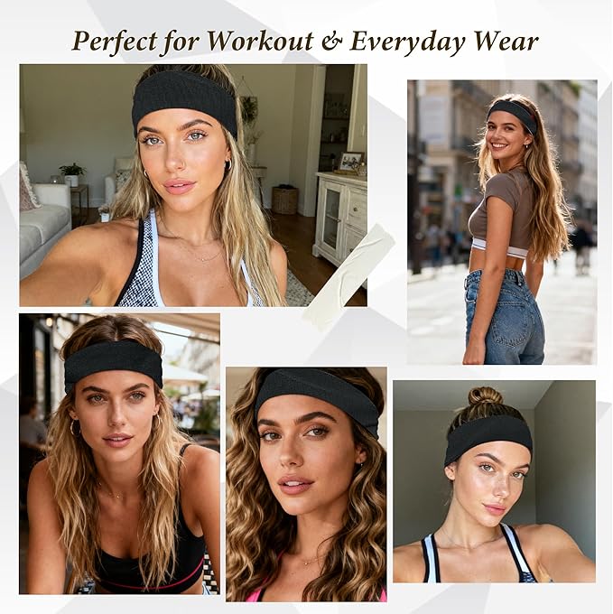 Headbands for Women Non-Slip Workout Hair Bands, 6 Pack Stretchy Athletic Soft Sweatbands, Elastic Cloth Fabric Headband, Fashion Head Bands for Yoga Running Sports Gym Sports Exercise