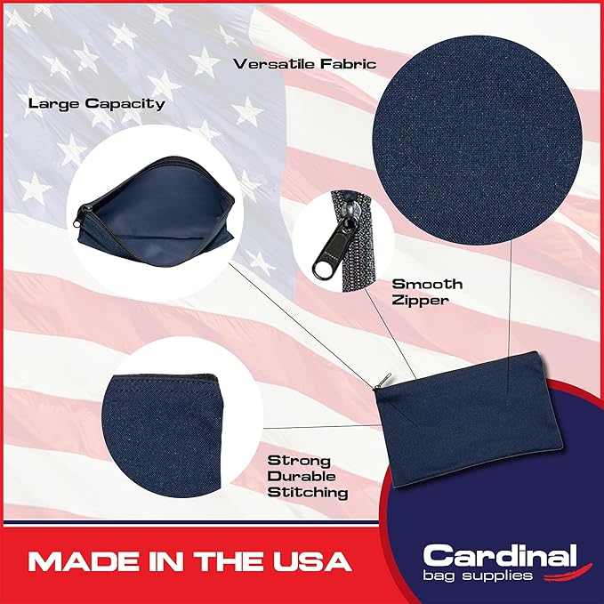 Multipack of 2 Compact Zipper Cloth Pouches, Zipper Bag, Travel Toiletry, Cosmetics, Stationary Case, 11 x 6 inches (Navy)