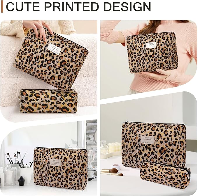 2PC Makeup Bag Set, Cute Cosmetic Bag for Women Girls, Floral Coquette Aesthetic Toiletry Bag, Travel Make Up Organizer Bag (Leopard Print)