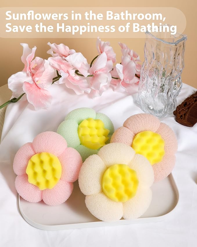 2026 Upgrade 4 Pcs Super Soft Flower-Shaped Suction Cup Bath Sponge, Upgraded 2-in-1 Flower-Shaped Ball Exfoliating Bath loofah Cleaning Brush, Mesh Shower Body Sponge for Shower