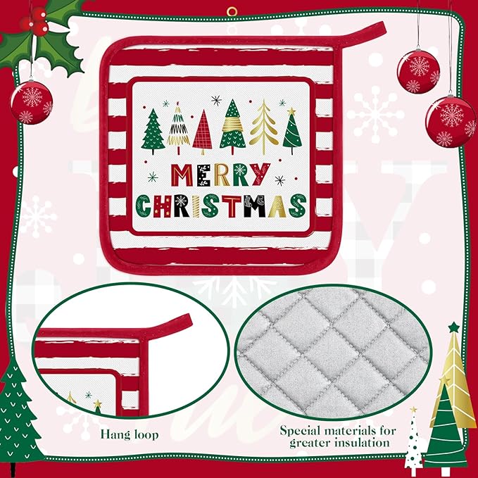 Bencailor 12 Pcs Pot Holders with Pocket Kitchen Hot Potholders Hot Pad Oven Mitts Cookie Bag Oven Gloves for Kitchen Gift Baking Cooking(Red,Novelty)