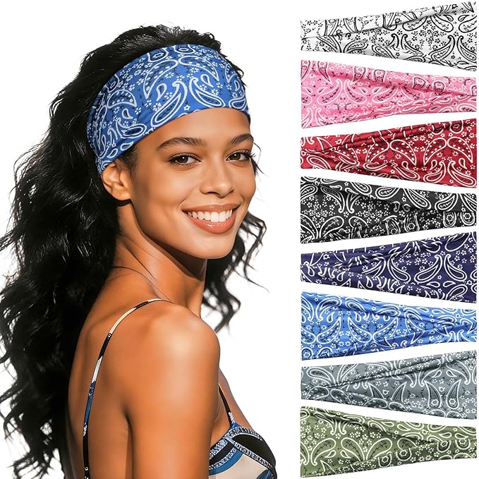 Headbands for Women, 8 Pack Non-Slip Moisture Wicking Sports Wide Head Bands, Stretchy Elastic Fabric, Multiple Colors Securing Hair for Fashion, Sports, Yoga, Running, Daily Life