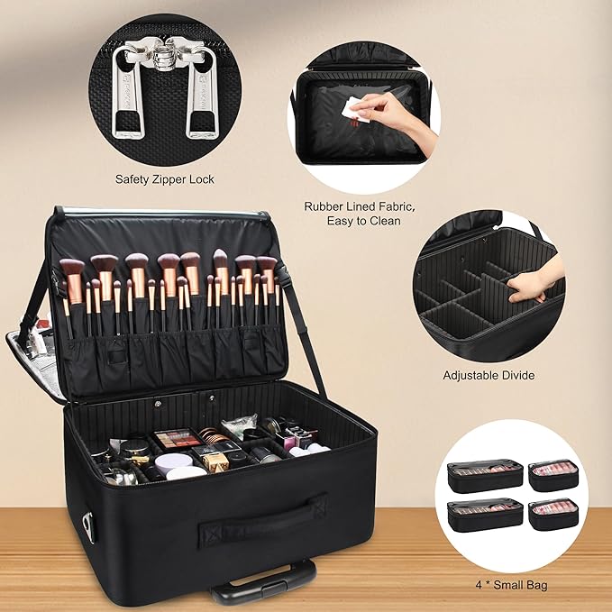MONSTINA Rolling Makeup Train Case, Beauty Hairdresser Bag and Cosmetology Case on Wheels Makeup Artist Bag Hairstylist Cosmetic Organizer Storage Bag with 4 Bag (Black+Hairdressing Bag)