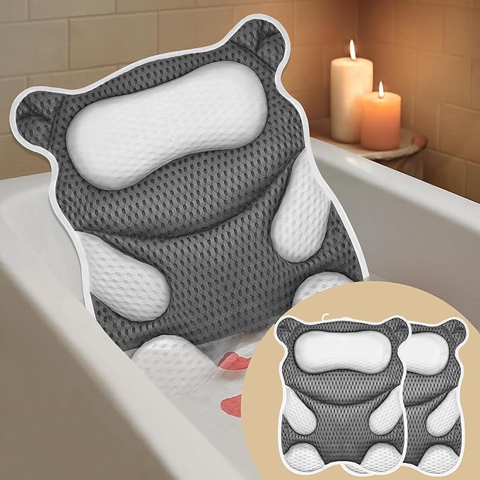 Bath Pillow for Tub Ergonomic Bear Shape Design Bath Pillow for Head and Neck Support SPA Gift Bathtub Pillow 4D Air-Mesh with 8 Suction Cups Washable Gray(2 Pack)