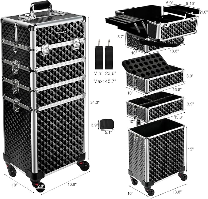 TOPACK Professional 4-In-1 Rolling Makeup Train Case, Large Makeup Travel Case with Key Shoulder Strap/Handle Cushion I Makeup Train Case Organizer I Cosmetology Case on Wheels