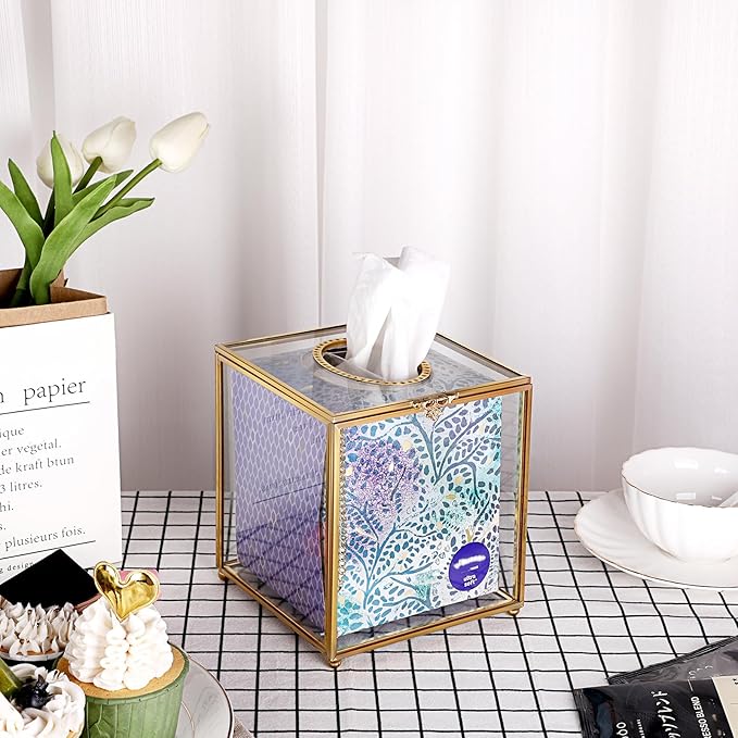 Sumnacon Square Clear Glass Tissue Box Cover -Dainty Cube Tissue Box Holder, Gorgeous Gold Facial Tissue Holder for Dresser Bathroom Bedroom Home Office Bar Restaurant Decor