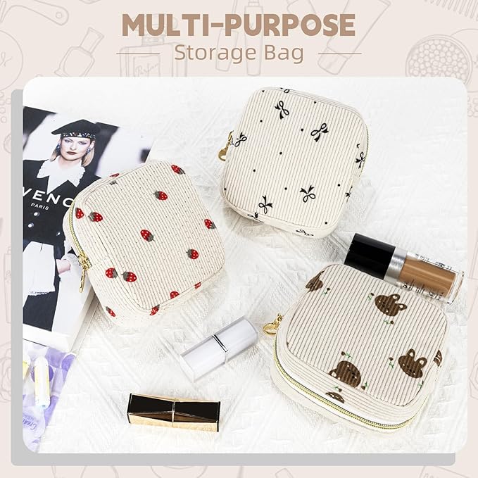 Cute Period Bag for Teen Girls, Corduroy Sanitary Napkin Storage Bag, Menstrual Pad Pouch Tampon Holder for Purse (Black Bow Tie)