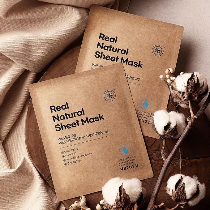 varuza] Real Natural Sheet Mask – EWG VERIFIED, Vegan Face Mask for Hydration, Non-GMO, No Artificial Fragrance, Made in Korea (10 PACK, BLUE AMPOULE)