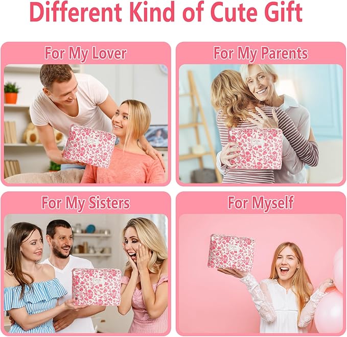 2Pcs Quilted Makeup Bag Set Flower Cute Pencil Case Large Small Travel Makeup Pouch Set for Women Coquette Makeup Bag Aesthetic Cotton Cosmetic Bag Pink Toiletry Organizer Storage Bag Big Zipper Pouch