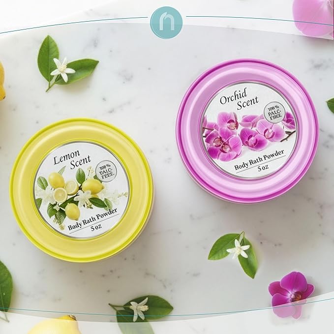 R-NEU Body Powder for Women with Powder Puff, 100% Talc-Free, Luminous Lemon Scented Dusting Powder, After Bath for Soft Skin, Extra Large, (2 Pack, 5oz Each)