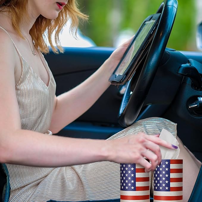 12 Pack 4th of July Flag Tissue Boxes for Car Cylinder Bulk Red Blue White Patriotic Round Cylinder Holder with 3 Ply Facial Tissues for Independence Day Travel Bathroom Office Decoration