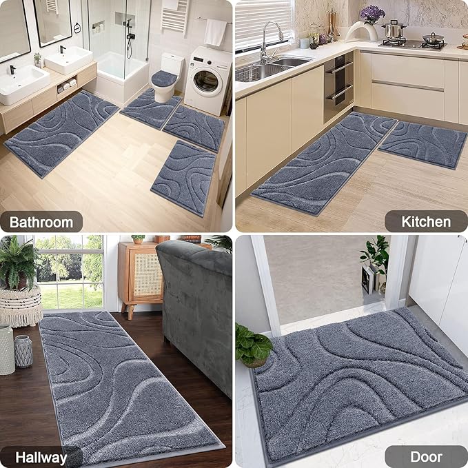 HEBE Bathroom Rugs Sets 5 Piece, Soft Absorbent Microfiber Bath Mat for Bathroom, Non Slip Washable Bath Rug Set with Toilet Cover, Bath Runner and U-Shaped Contour Toilet Rug, Dark Grey