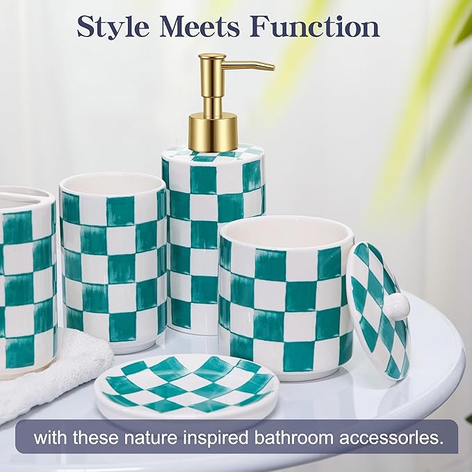 Ceramic Bathroom Soap Dispenser Set, Checkered Bathroom Vanity Set with Lotion Pump, Toothbrush Holder, Soap Dish & Storage Jar, Modern Bathroom Sink Accessories (Green)