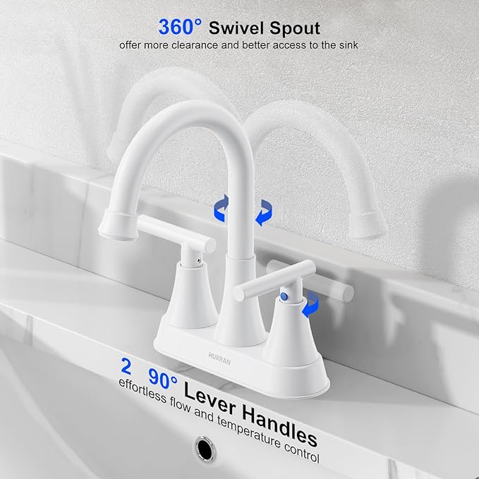 Bathroom Faucets for Sink 3 Hole, Hurran 4 inch Bathroom Sink Faucet with Pop-up Drain and Supply Hoses, Stainless Steel Lead-Free Centerset Faucets for Sink Vanity RV, White