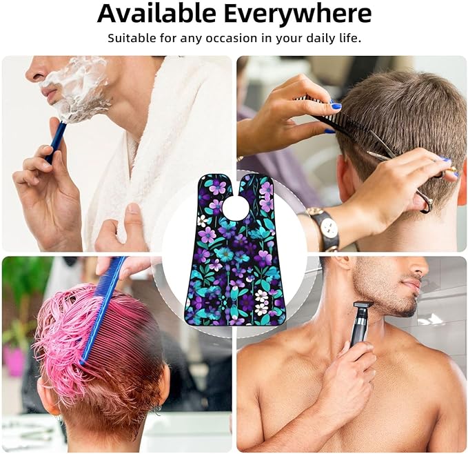 Purple And Teal Flowers Print Beard Bib Shaving Apron, Beard Hair Trimming Cape Gift For Dad