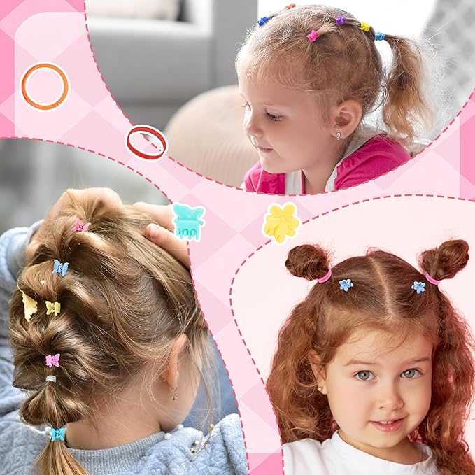 Rubber Bands for Hair, 46 Colors Baby Hair Ties, 2100pcs Colorful Hair Accessories for Girls, Funtopia Small Elastic Hair Ties with Mini Hair Claws Hair Clips for Girls Baby Toddlers Kids