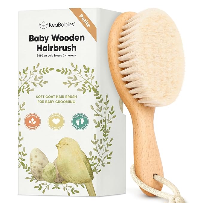 Wooden Baby Hair Brush - Cradle Cap Baby Brush with Soft Goat Bristles, Perfect Gentle Scalp Newborn Comb for Infant, Girls, Boys, Bath Essentials (Walnut, Petite)
