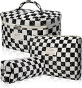 Makeup Bag Set, Quilted Makeup Bag, Large Floral Cosmetic Bag for Women, Cute Cotton Makeup Bags, Flower Travel Toiletry Organizer Bag (Black Checkered)