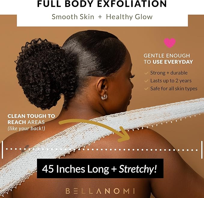 BELLANOMI African Exfoliating Net Sponge, Authentic, Ethically sourced from Nigeria, 45 inches Long, Back Scrubber for Daily use (White)