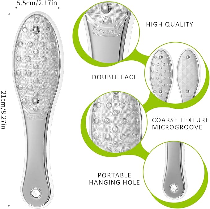 2 Pcs Foot File Metal Stainless Steel Double Sided Feet Rasp Surface Scraper Scrubber Professional Grater Heel Corns Callus Remover Pedicure Care Tools for Wet Dry Hard Dead Skin