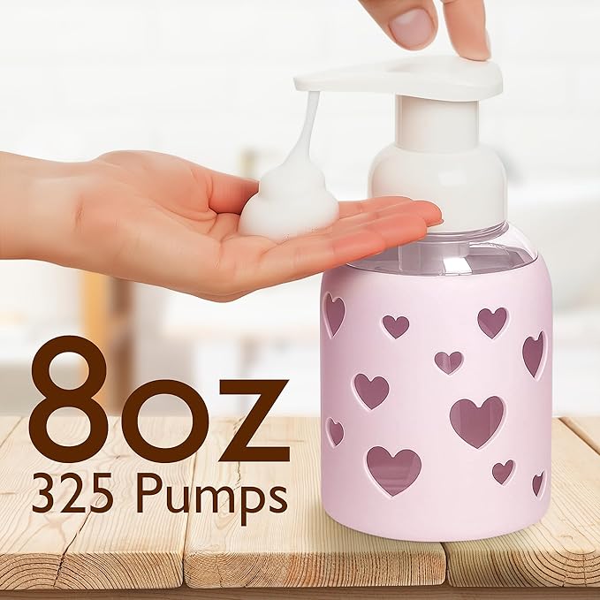 SoCal Suds & Company Foaming Hand Soap Dispenser Glass, Liquid Soap Pump with Heart Silicone Sleeve, Refillable Bottle for Kids, Baby Wash & Shampoo, Ideal for Bathroom & Kitchen Use, Soft Pink, 8oz