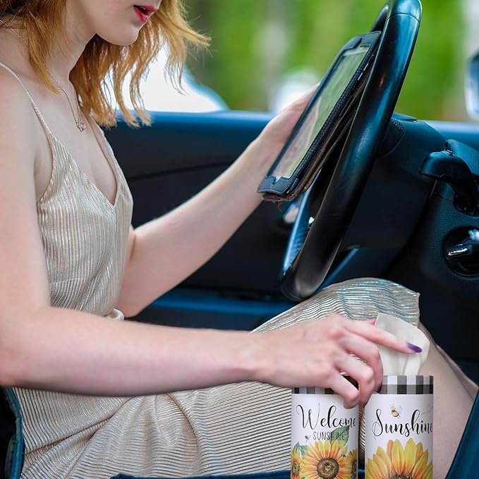 12 Pack Sunflower Tissue Boxes for Car Cylinder Bulk Black White Plaid Flower Round Cylinder Holder with 3 Ply Facial Tissues for Spring Summer Travel Bathroom Office Decoration