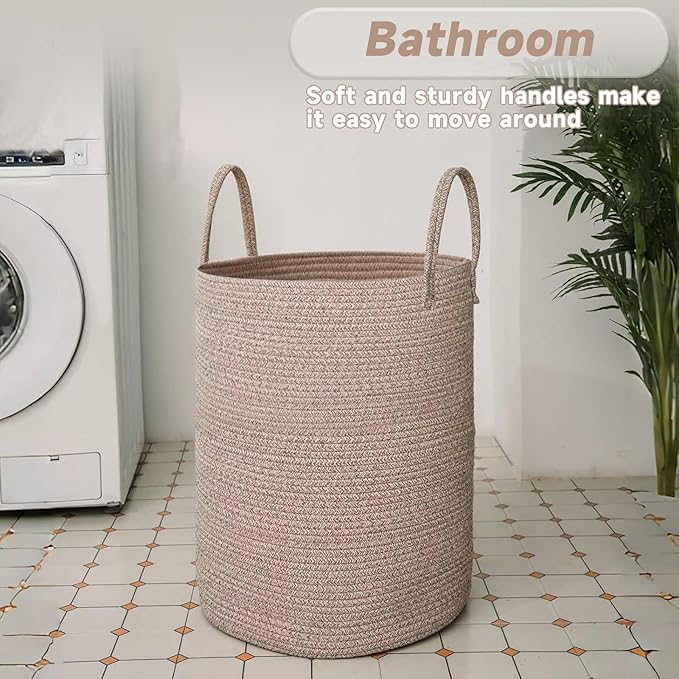 Large Woven Laundry Basket Hamper,60L Cotton Rope Storage Bin for Blankets,Toys and Clothes,Decorative Tall Nursery Hamper for Living Room,Baby Nursery,Bathroom and Bedroom,Oatmeal