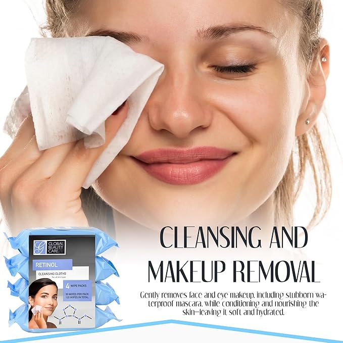 Global Beauty Care Retinol Makeup Remover Wipes with Collagen Renewing Support - Facial Cleansing Cloths, Remove Waterproof Mascara, Oil & Dirt, Texture Smoothing, All Skin Types, 120 Count (4-Pack)