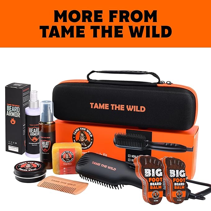 Beard Straightener for Men Kit - Includes Portable Heated Beard Brush, Beard Soap, Pearwood Comb, & Storage Case