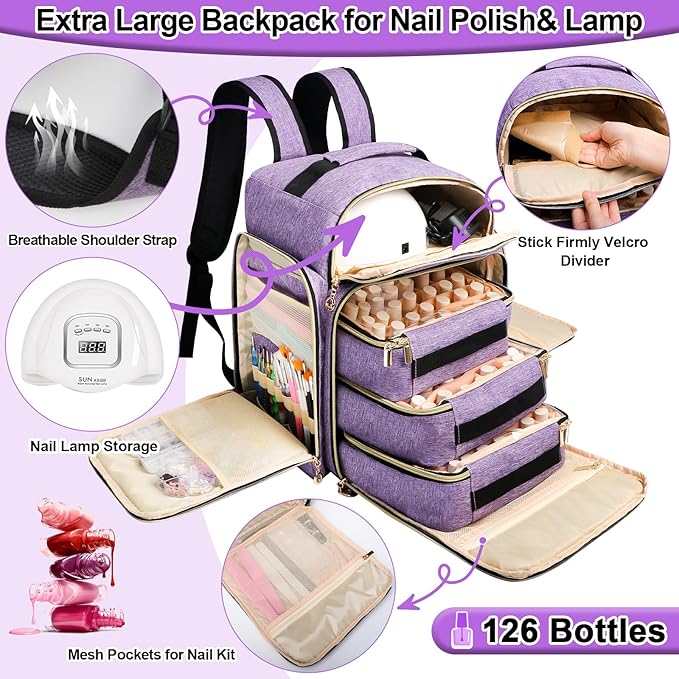 Nail Polish Organizer Backpack Holds 126 Bottles& Nail Lamp, Extra Large Nail Kit Supplies Organizer Bag with 3 Removable Cases, Portable Nail Organizers and Storage for Travel (Noble Purple)