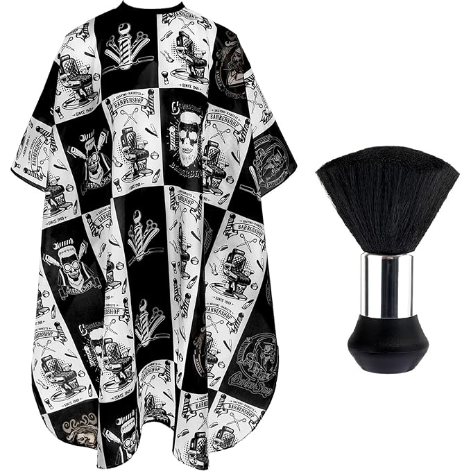 FEBSNOW Hair Cutting Cape Kit,Professional Barber Cape with Neck Duster Brush for Adults Waterproof Salon Cape with Adjustable Closure Snap Salon Barber Supplies 47x55 Inches(Black and White Plaid)