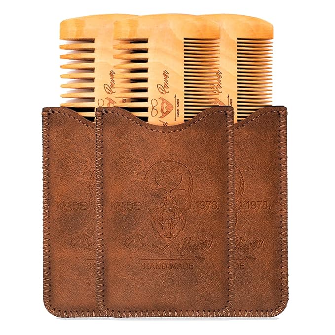 Wooden Beard Combs with Cases - Fine & Coarse Teeth, Pocket Comb for Beards, Mustaches & Hair, Brown Skull Design
